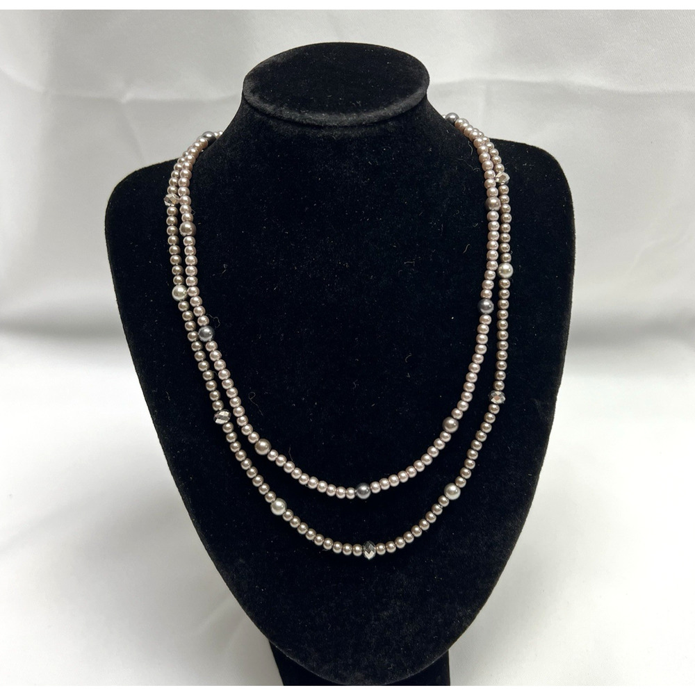 Vintage Layered Pearl Beaded Necklace Two Strand Silvertone 20" RMN Fashion